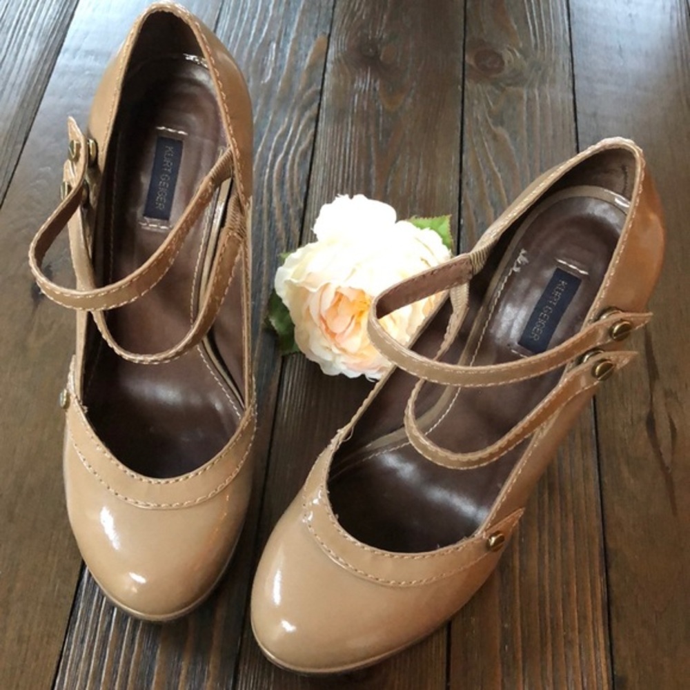 Kurt Geiger taupe patent leather double strap platform heels